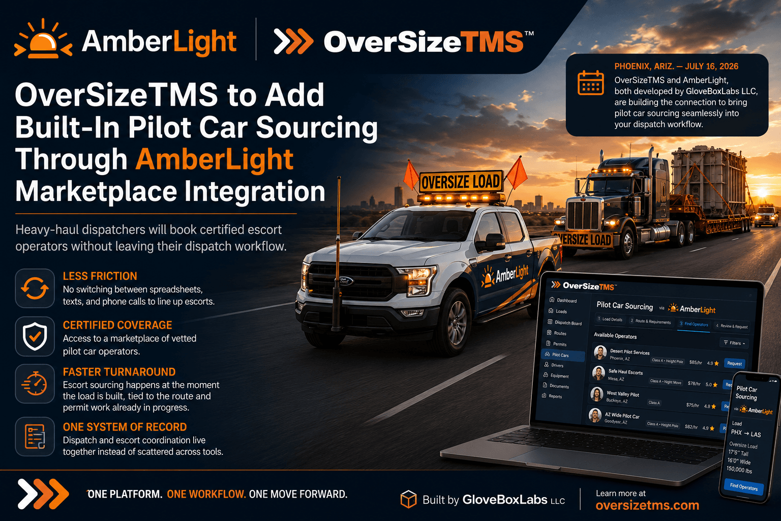 AmberLight and OverSizeTMS integration — heavy-haul dispatchers book certified pilot car escort operators directly inside the OverSizeTMS dispatch workflow.